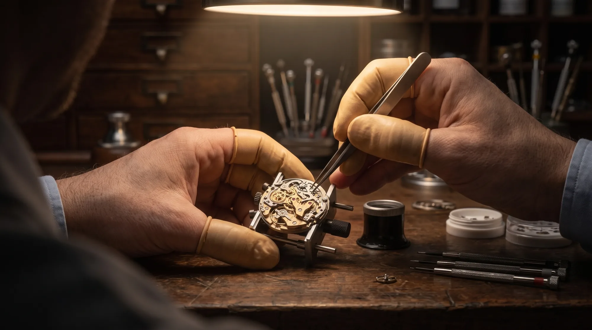 Handmontage des Chronographenwerks im Atelier